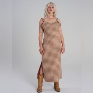 Milk It Bandit Purple Gold Gingham Plaid  Ruffle Open Back Midi Dress UK 10 US 6